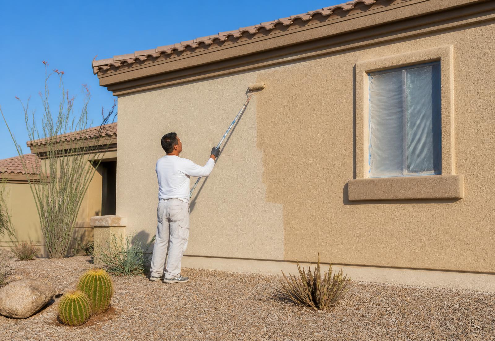 Montano Bros. painter rolling fresh paint on the stucco exterior of a Phoenix, Arizona home